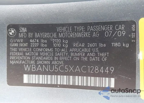 2010 BMW 528I из США, поврежденный, VIN WBANU5C5XAC128449